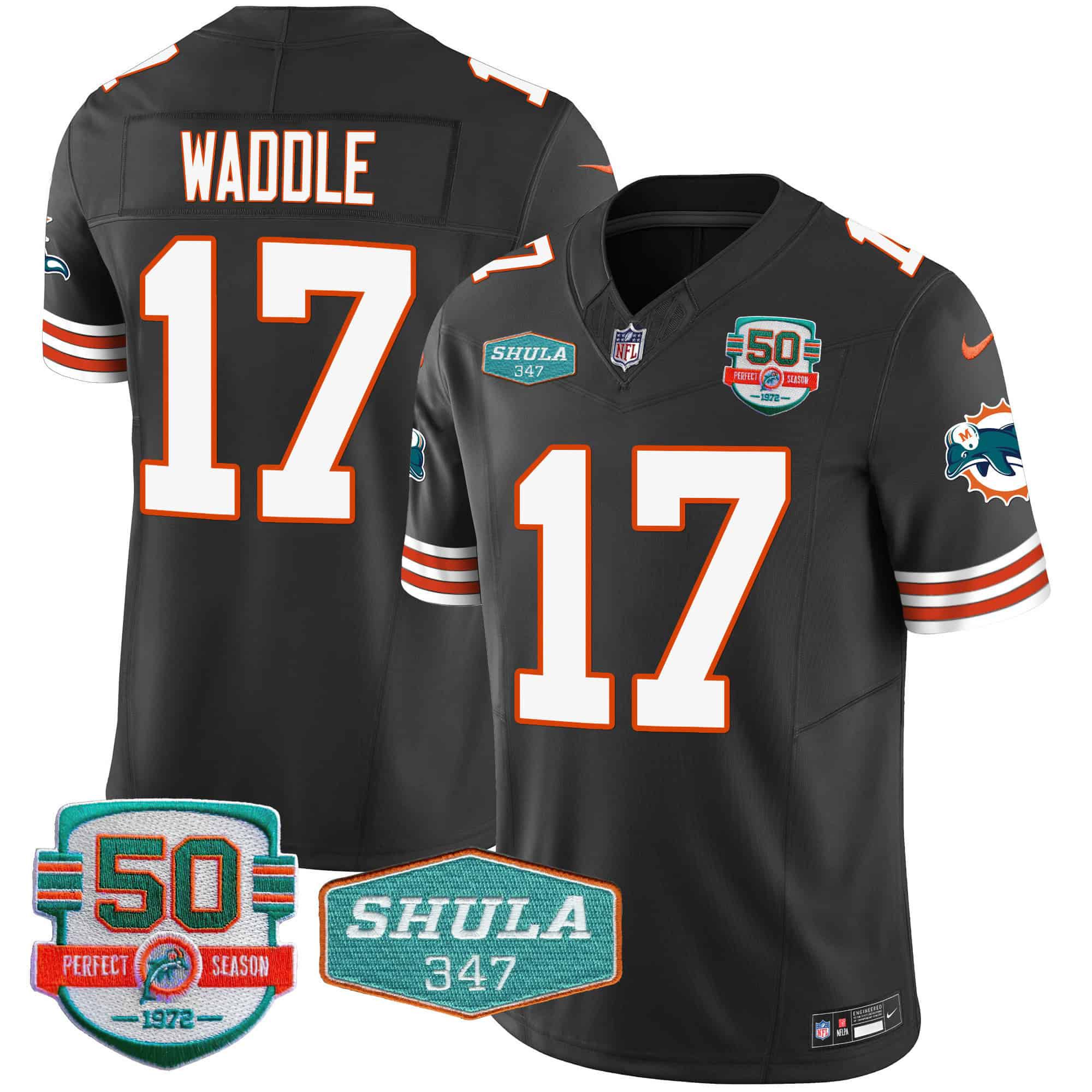Men Miami Dolphins 17 Waddle Black 2024 Nike Throwback Shula 347 Patch Vapor NFL Jersey style 1